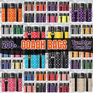 May include: A collection of tumblers with various Coach bag designs. The tumblers feature a variety of colors, including orange, black, pink, and purple, with the Coach logo and patterns. The image includes the text "200+ COACH BAGS Tumbler Bundle."