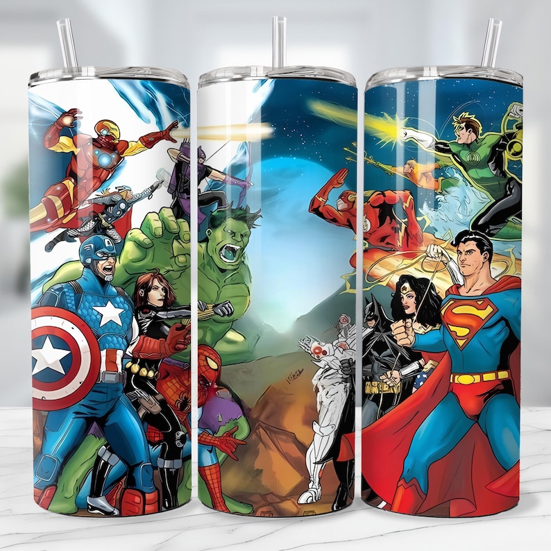 May include: Three stainless steel tumblers with superhero illustrations. The designs feature Captain America, Iron Man, Hulk, Superman, Batman, and other characters. Each tumbler has a clear lid and a straw.