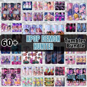 May include: A collection of over 60 tumblers with various K-pop-themed designs. The tumblers feature colorful illustrations of anime-style characters and the text "KPOP DEMON HUNTER". The tumblers are cylindrical and appear to be made of stainless steel.