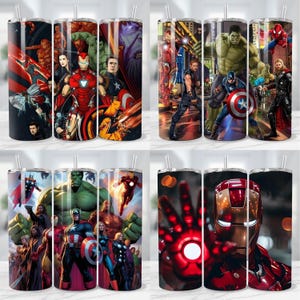 May include: A collection of stainless steel tumblers featuring various Marvel superhero designs. The tumblers showcase characters like Iron Man, Captain America, Thor, and Hulk, with vibrant, action-packed illustrations. Each tumbler includes a straw and a lid.
