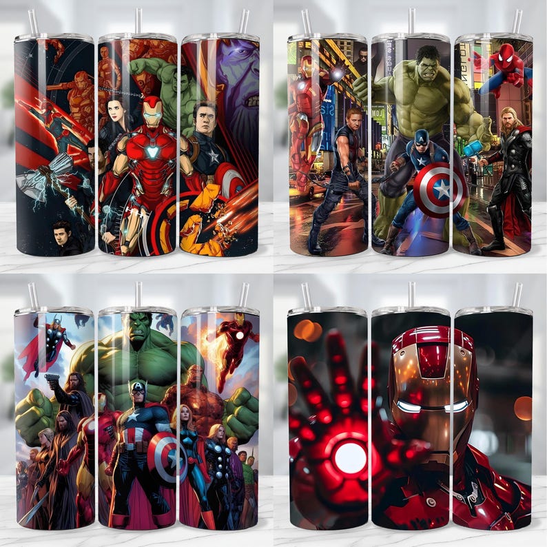 May include: A collection of stainless steel tumblers featuring various Marvel superhero designs. The tumblers showcase characters like Iron Man, Captain America, Thor, and Hulk, with vibrant, action-packed illustrations. Each tumbler includes a straw and a lid.