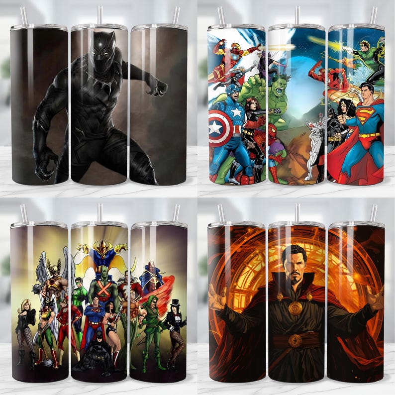 May include: A collection of four stainless steel tumblers with various superhero designs. The tumblers feature images of Black Panther, Captain America, Superman, and Doctor Strange, with a straw and a silver lid.