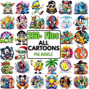 Op de afbeelding: Een verzameling kleurrijke cartoonkarakterafbeeldingen, waaronder Yoda, Stitch, Tweety, Mickey Mouse en Spider-Man. De centrale afbeelding toont de tekst "260+ Files ALL CARTOONS PNG BUNDLE."