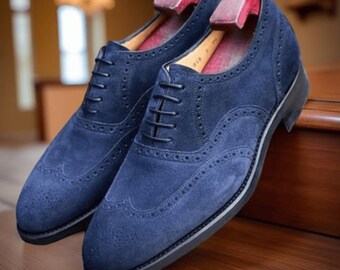 Handmade Mens Blue Suede Brogue Oxfords, Formal Dress Shoes