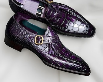 Handmade purple monk strap shoes, leather formal office shoes for mens