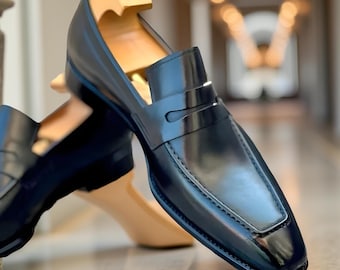 Handmade Mens black leather moccasins, Men leather dress shoes,