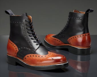 Botas de piel hechas a mano para hombre, negras y marrones, estilo militar, con puntera de ala y estilo brogue.