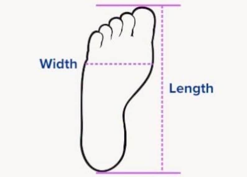 May include: A black outline of a foot with the words "Width" and "Length" labeled. Dotted lines and solid purple lines indicate how to measure the foot's width and length. The image is on a light background.