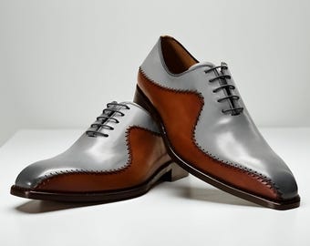 Scarpe Oxford da uomo fatte a mano, con cuciture laterali grigie e marroni, scarpe eleganti