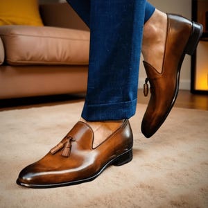 May include: Brown leather loafers with tassel detailing. The shoes have a polished finish and a classic design. The image shows the shoes being worn with blue jeans. The loafers are a stylish footwear option.