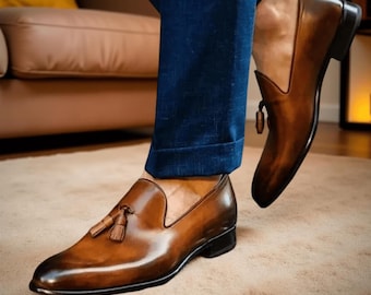 Handmade Brown Cowhide Leather Tassel Loafers, Men Shoes