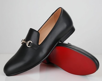 Handmade Black Leather Slippers loafers with Gold Horsebit Wedding Prom Shoes with red sole