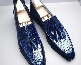 Handmade Leather Loafers: Mens Blue Alligator-Style Tassel Shoes