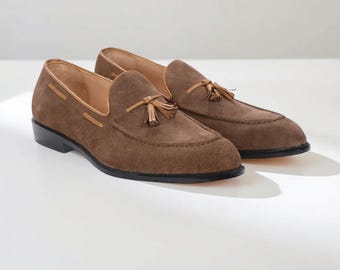Braun Herren Handgefertigte Wildleder Lederschuhe Quaste Loafers Kleid Schuhe Formell