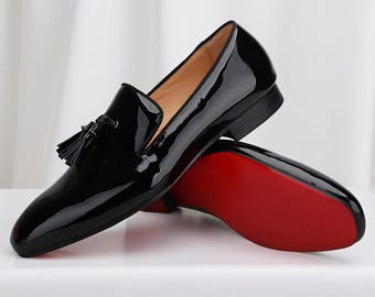 Mocassins à pampilles en cuir noir pour hommes faits main : chaussures de mariage pour le bal