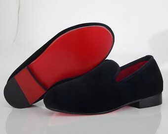 Handmade Black Suede Loafers, Gala Party Wedding Shoes, red bottom, red sole