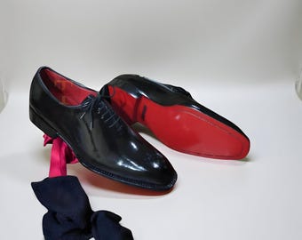 Handmade Black Leather Oxford Shoes, Red Bottom Formal Lace-Up for Men