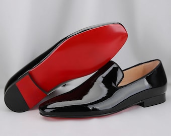 Handmade Plain Black Patent Leather Slippers loafers Wedding Prom Shoes, Red Bottom