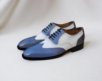 Men Genuine Handmade Leather Shoes Two Tone Brogue Wingtip Lace Up Oxford Dress