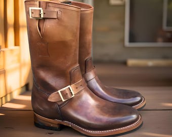 Handmade Mens Antique Brown Leather Biker Boots Men Leather Motorcycle Boot