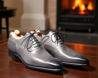 Nuove scarpe eleganti brogue da uomo in pelle Oxford grigia, fatte a mano, con lacci
