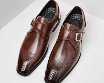 Men's Handmade Brown Leather Monk Strap Oxford Dress Shoes Wedding Party Formal