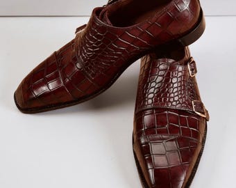 Handmade Men Brown Leather Double Monk Shoes, Monk Office Shoes