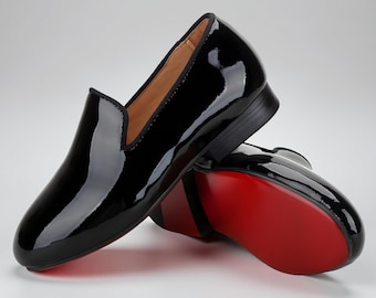 Handmade Black Patent Leather Slippers loafers Wedding Prom Shoes with red sole ,Red Bottom