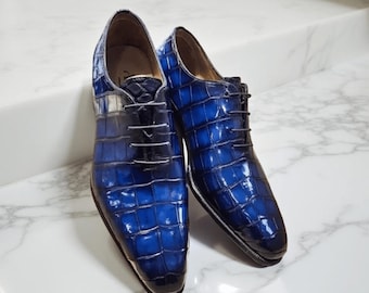 Handmade Blue Leather Oxford Dress Shoes