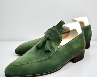 Handmade Green Suede Tassel Loafers, Men's Slip-Ons