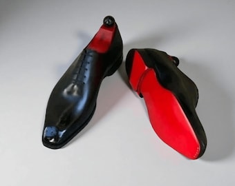 Handmade Black Leather Brogue Oxford Shoes, Red Sole