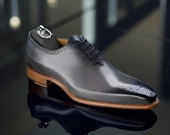Scarpe Oxford Brogue da uomo fatte a mano, scarpe eleganti in pelle grigia per uomo