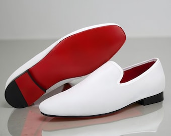 Men's White valvet Loafers, Red Bottom Prom Wedding Shoes
