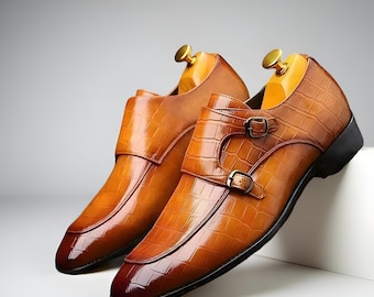 Handmade double monk shoes, leather Tan mens shoes
