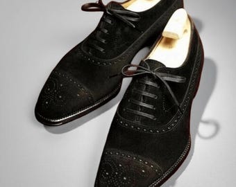 Zapatos de vestir brogue de ante negro hechos a mano para hombre, zapatos formales de oficina