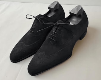 Zapatos Oxford de ante negro hechos a mano, zapatos de vestir formales para hombre