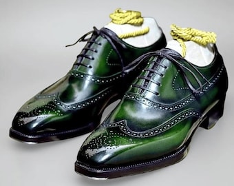 New Men's Handmade Green Color Leather Oxford Wingtip Brogue Lace Up Dress Shoes