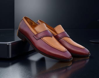 Mocassins à enfiler en cuir véritable faits main pour hommes, chaussures habillées bicolores