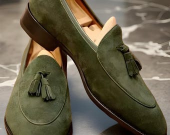 Handmade men hunter green slip on dress shoes, men suede leather formal moccasin Handmade men hunter green slip on dress shoes, men suede leather formal moccasin