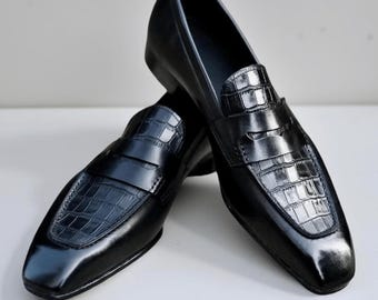 Handmade Mens black moccasins loafer, Men dress shoes