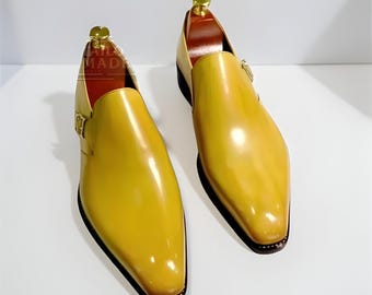 Handmade Yellow Leather Dress Shoes, Men's Wholecut Shoes