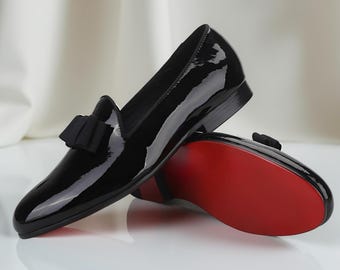 New Handmade Black Patent Leather Bowtie Shoes, Red Bottom For Men