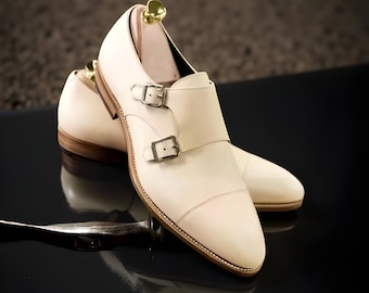 Nieuwe handgemaakte leren Double Monk gebroken witte schoenen voor herenschoenen