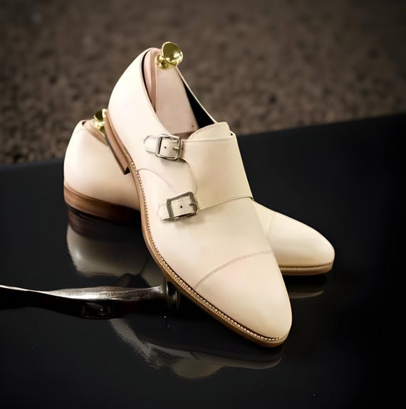 New Handmade Leather Double Monk Off White Shoes for Men Dress Shoes