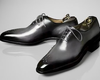Nowe męskie buty wizytowe Oxford z lamówką Good Year Welted w kolorze szarym i patynowanym, szyte na miarę