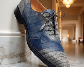 Scarpe Oxford da uomo fatte a mano in pelle di mucca grigia e blu, scarpe eleganti