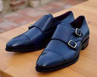 ハンドメイドブラックレザーモンクストラップドレスシューズ、メンズフォーマルウェア