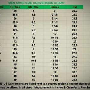 May include: Shoe size conversion chart for men, displaying US, EU, and UK sizes, along with corresponding measurements in inches and centimeters. The chart includes sizes from US 5 to 16, with measurements up to 12 5/8 inches and 32.1 cm.