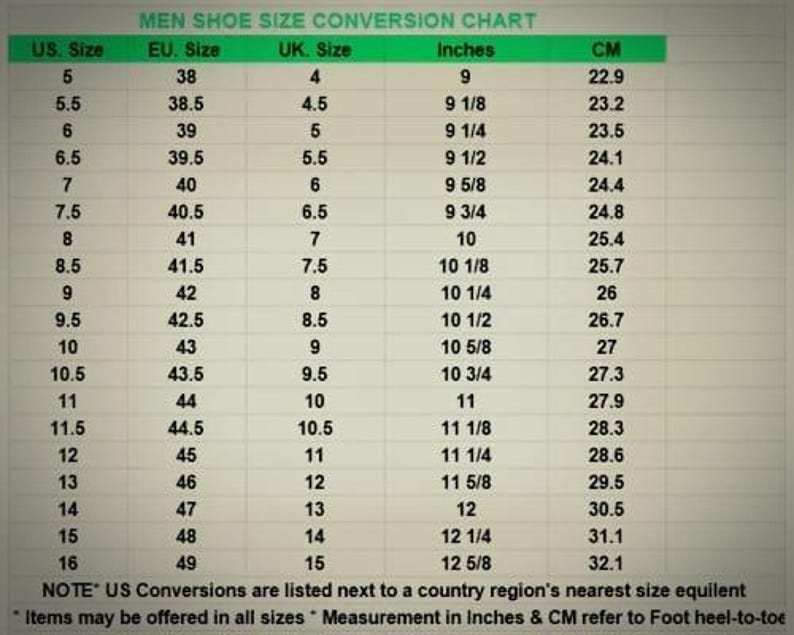 May include: Shoe size conversion chart for men, displaying US, EU, and UK sizes, along with corresponding measurements in inches and centimeters. The chart includes sizes from US 5 to 16, with measurements up to 12 5/8 inches and 32.1 cm.