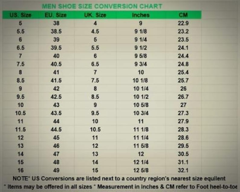 Op de afbeelding: Schoenmaten conversietabel voor heren, met US, EU en UK maten en bijbehorende inch en centimeter maten. Maten vari&euml;ren van US 5 (22,9 cm) tot US 16 (32,1 cm).